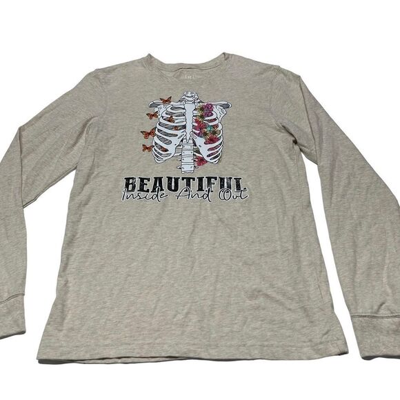 Beautiful Inside and Out Long Sleeve TShirt Decal Graphix Skeleton Ribs Floral - Picture 2 of 5
